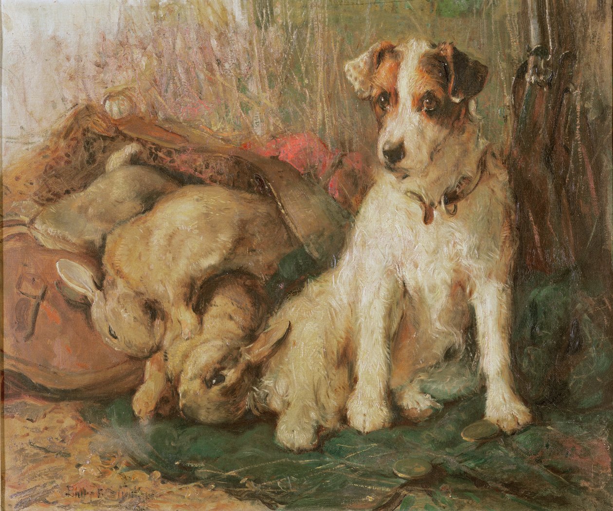 Fox-terrier avec le gibier du jour - English School