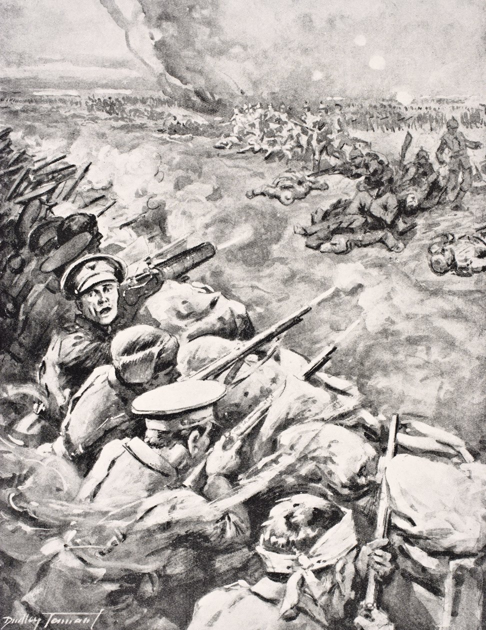 Les troupes allemandes chargent contre les tranchées britanniques, 1915, de 