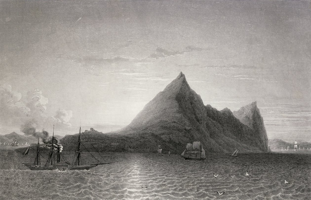 Gibraltar avec bateau à vapeur et voilier au premier plan - English School