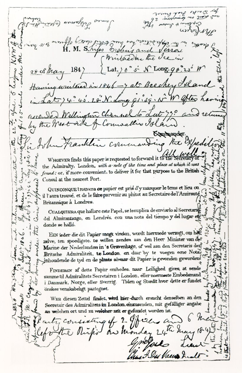 Message de John Franklin (1786-1847) au secrétaire de l