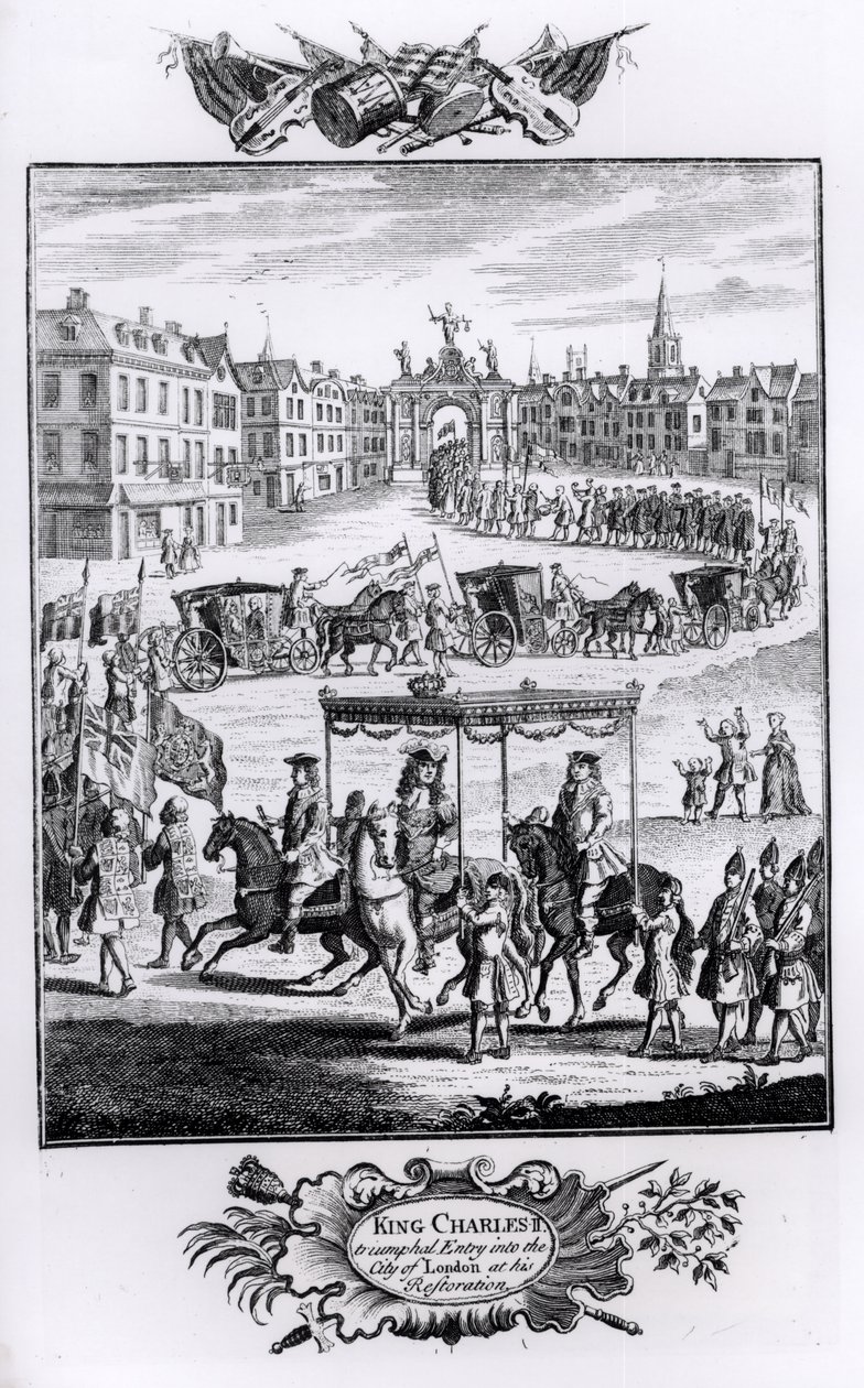 Le roi Charles II (1630-85) : Entrée triomphale dans la ville de Londres lors de sa restauration, mai 1660 - English School