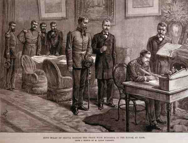 Le roi Milan de Serbie signant la paix avec la Bulgarie dans le Konak à Nish, de The Illustrated London News, 4 mars 1886 - English School