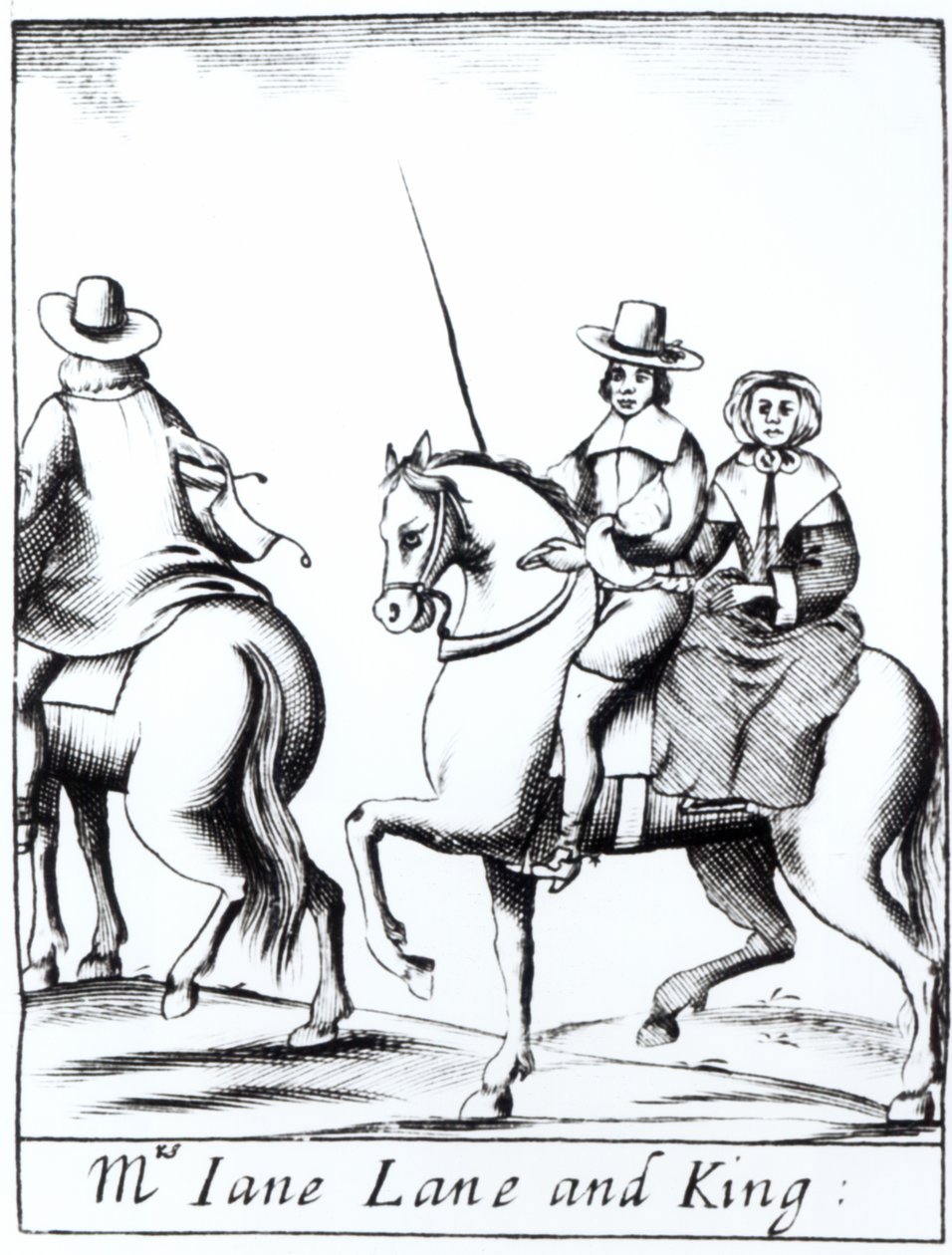 Mme Jane Lane chevauchant avec le roi Charles II (1630-85) après la défaite à la bataille de Worcester en septembre 1651, publié en 1660 - English School