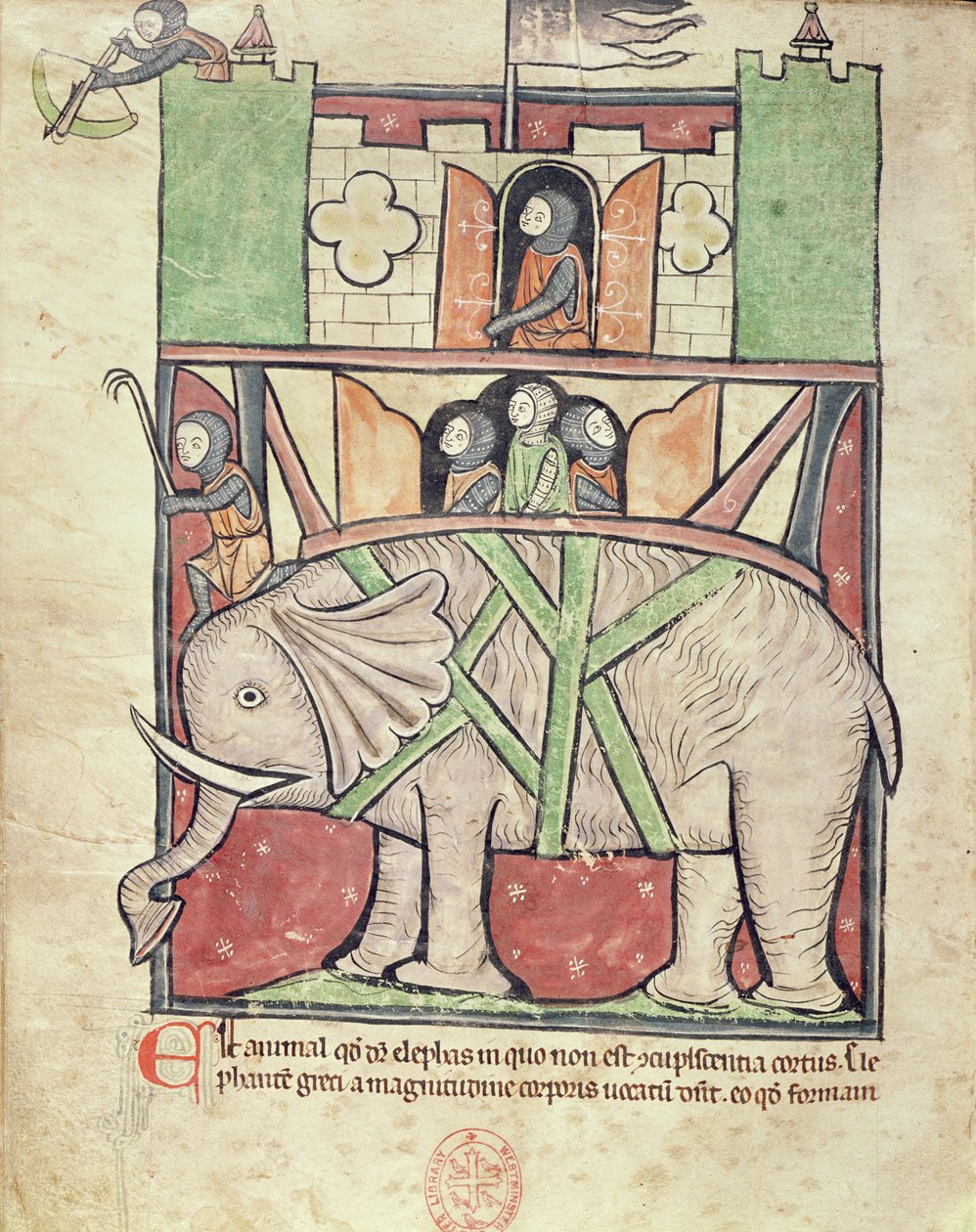 Ms 22 f.26v Éléphant portant un howdah rempli de soldats, du Bestiaire de l