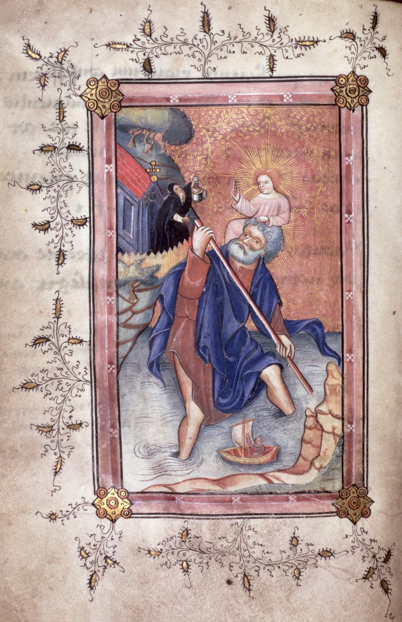 Ms 49 f.28v Saint Christophe portant le Christ à travers une rivière - English School