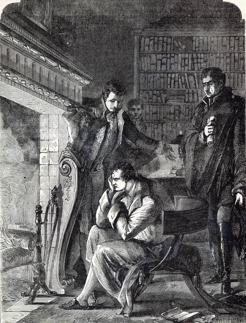 Napoléon méditant près du feu la nuit avant son abdication et son départ de Fontainebleau le 20 avril 1814 - English School