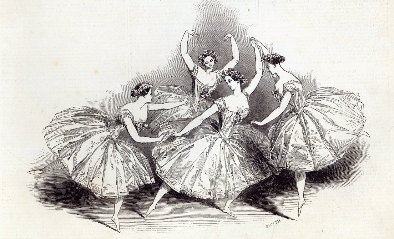 Nouveau Pas de Quatre, par Mlles. Taglioni, C. Grisi, L. Grahn et Cerito, au Théâtre de Sa Majesté, de The Illustrated London News, 19 juillet 1845 - English School