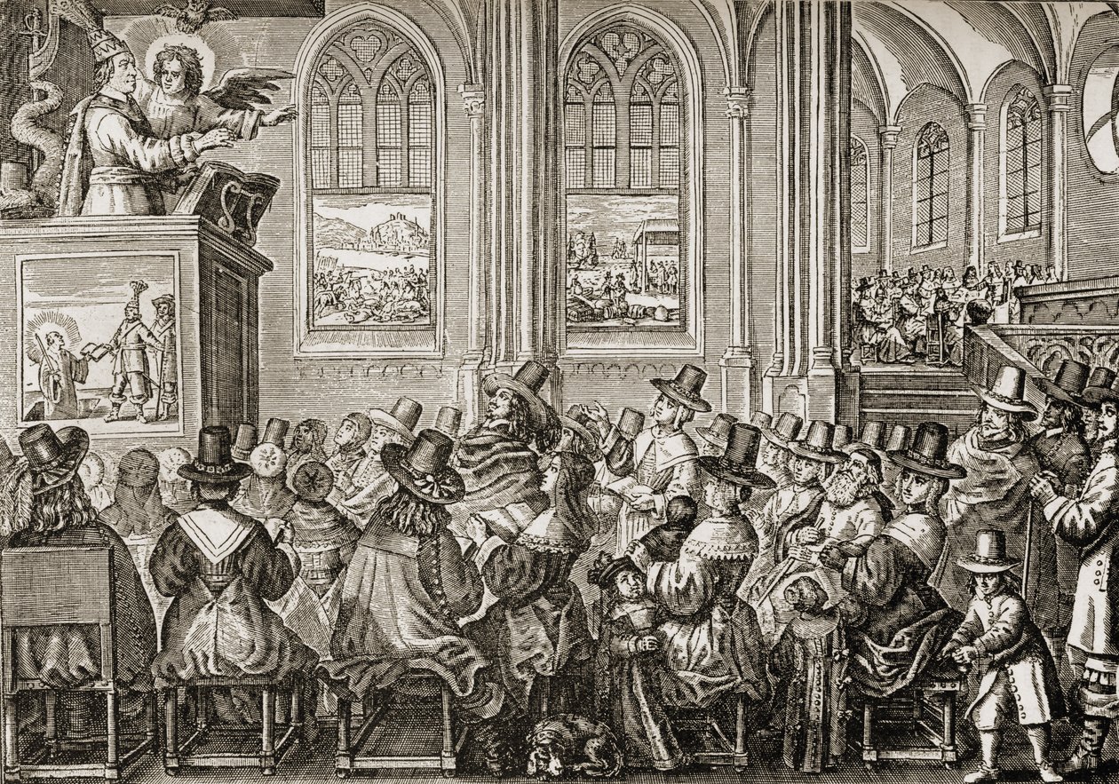 Oliver Cromwell (1599-1658) prêchant à une congrégation puritaine - English School
