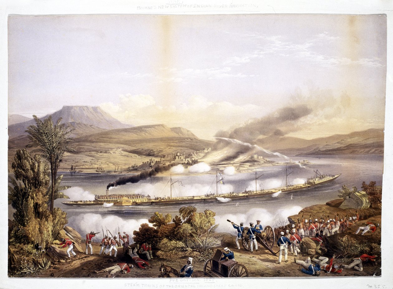 Bateau à vapeur et barges, du Système de navigation fluviale indienne par John Bourned, 1858 - English School