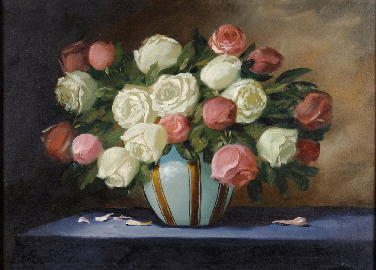 Roses roses et blanches dans un vase bleu - English School