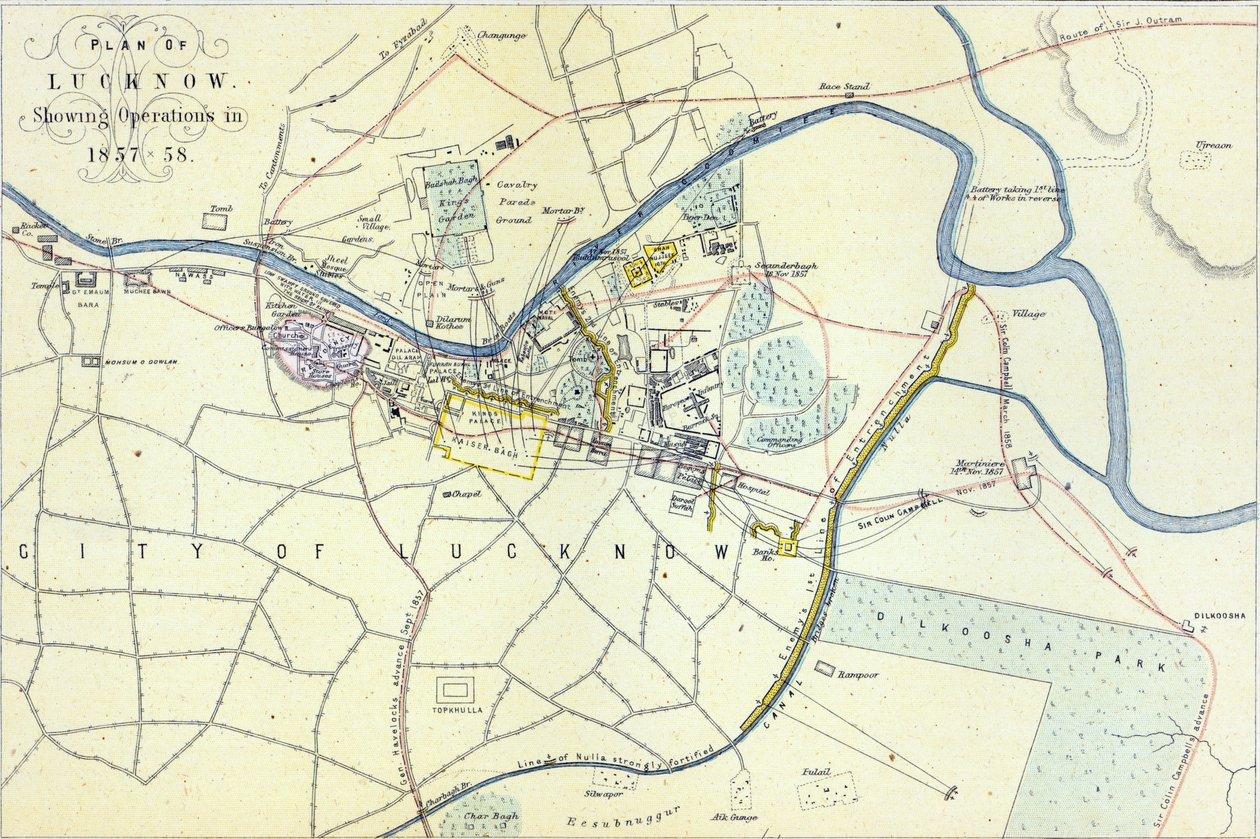 Plan de Lucknow montrant les opérations en 1857-58, publié par William Mackenzie - English School