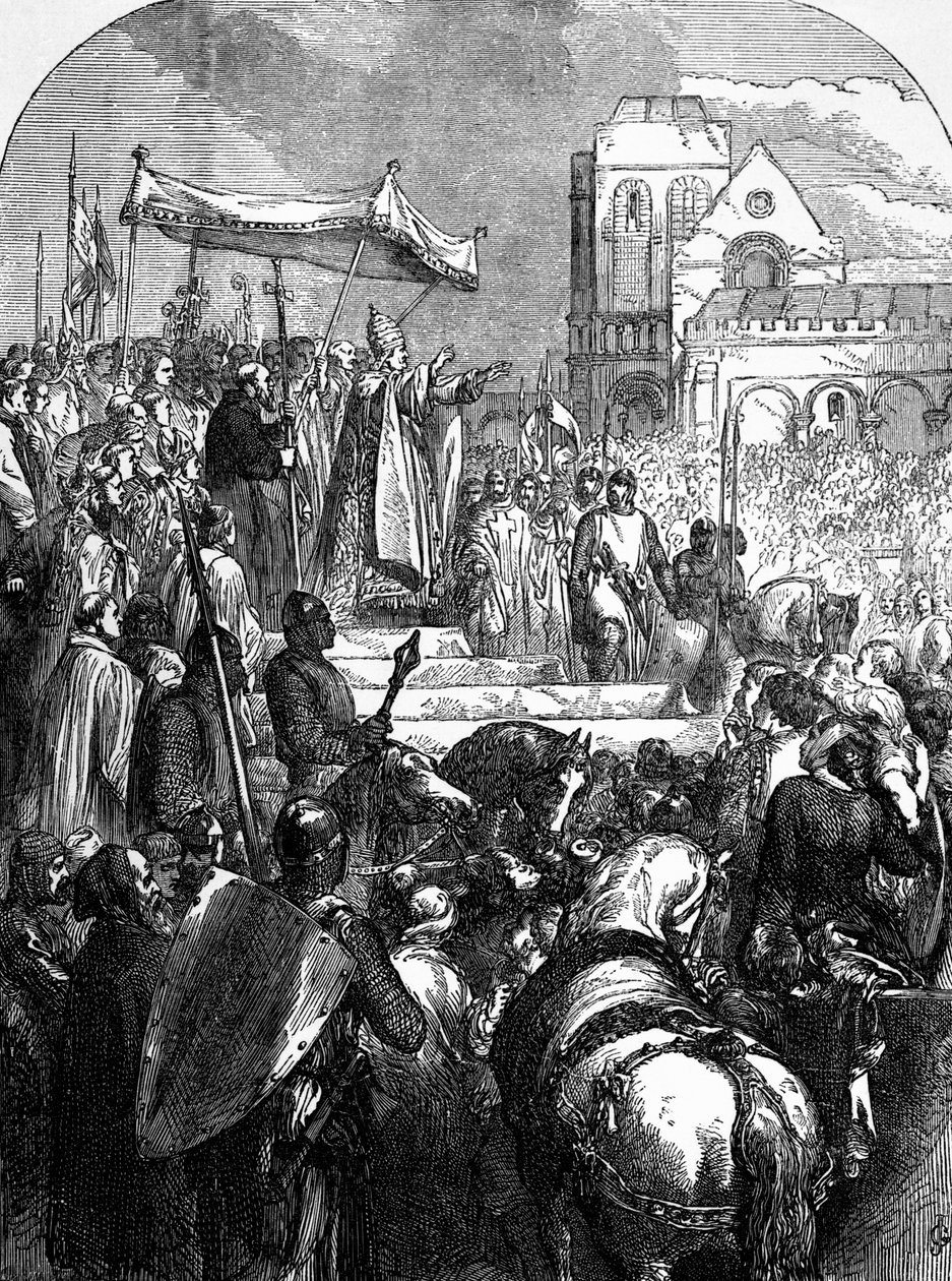 Le pape Urbain II (vers 1035-99) prêchant la première croisade sur la place du marché de Clermont en 1095 - English School