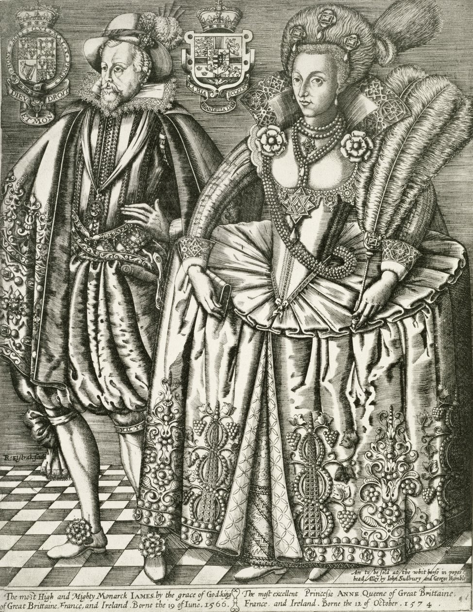 Portrait de Jacques I (1566-1625) et Anne de Danemark (1574-1619) page de titre du Livre des Rois, gravé par Renold Elstrack (1571-c.1630) 1618 - English School