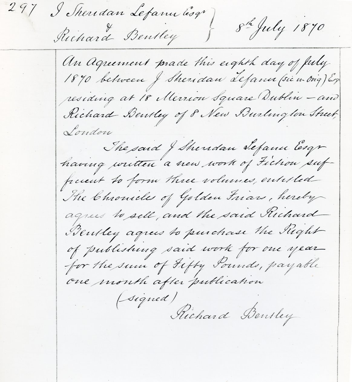 Contrat de publication entre Joseph Sheridan Le Fanu et Richard Bentley pour 
