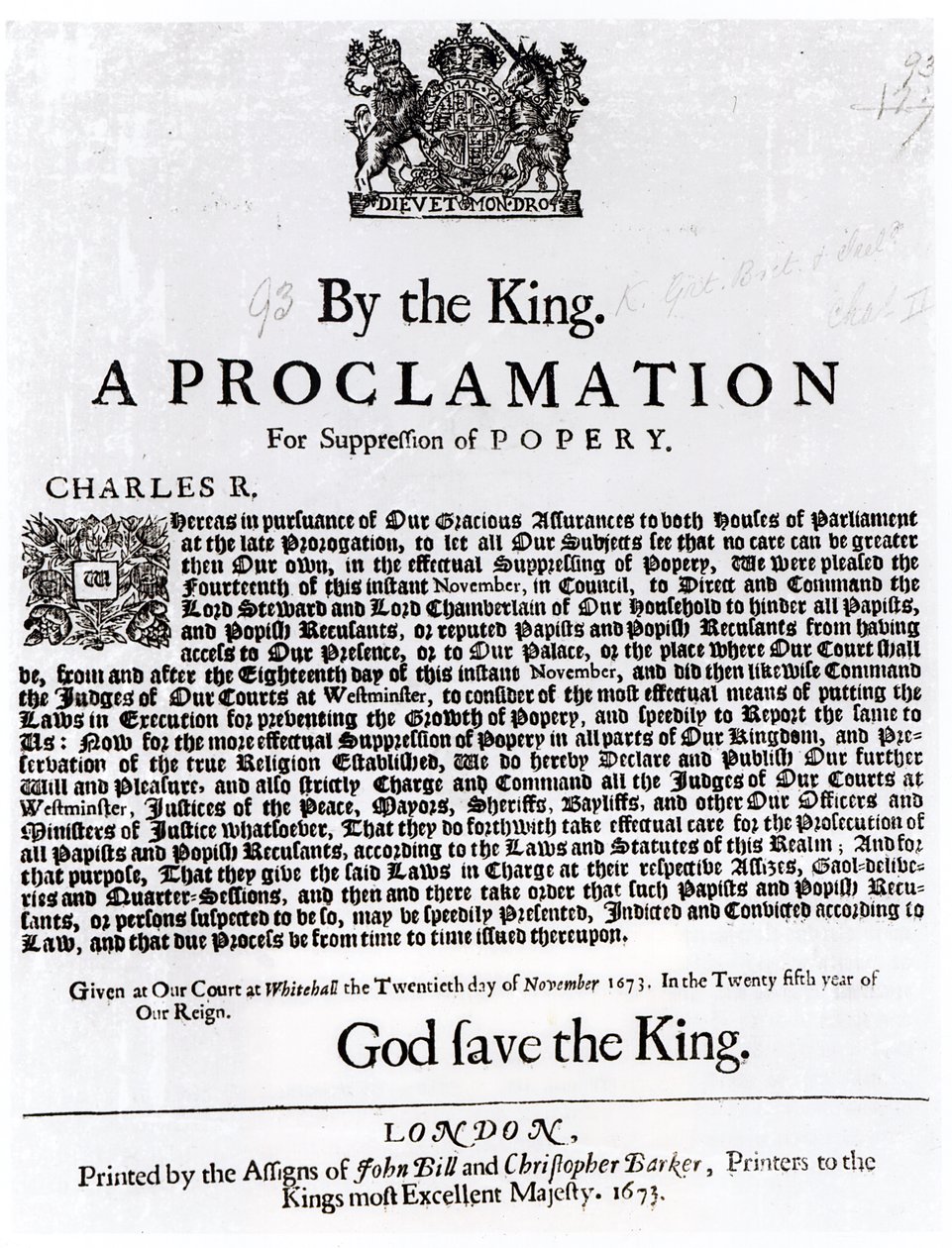 Déclaration royale, 1675 - English School