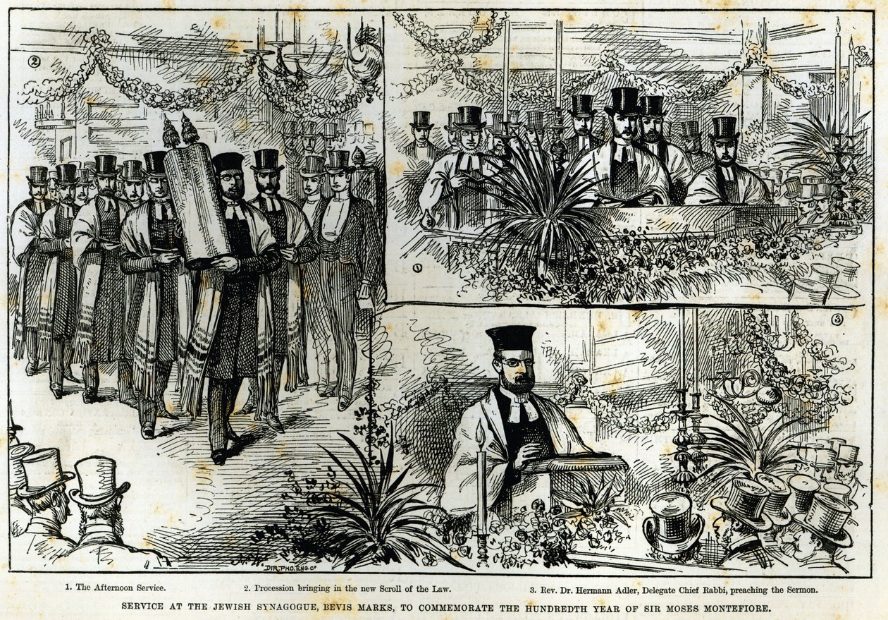 Service à la synagogue juive, Bevis Marks, pour commémorer le centenaire de Sir Moses Montefiore, de 