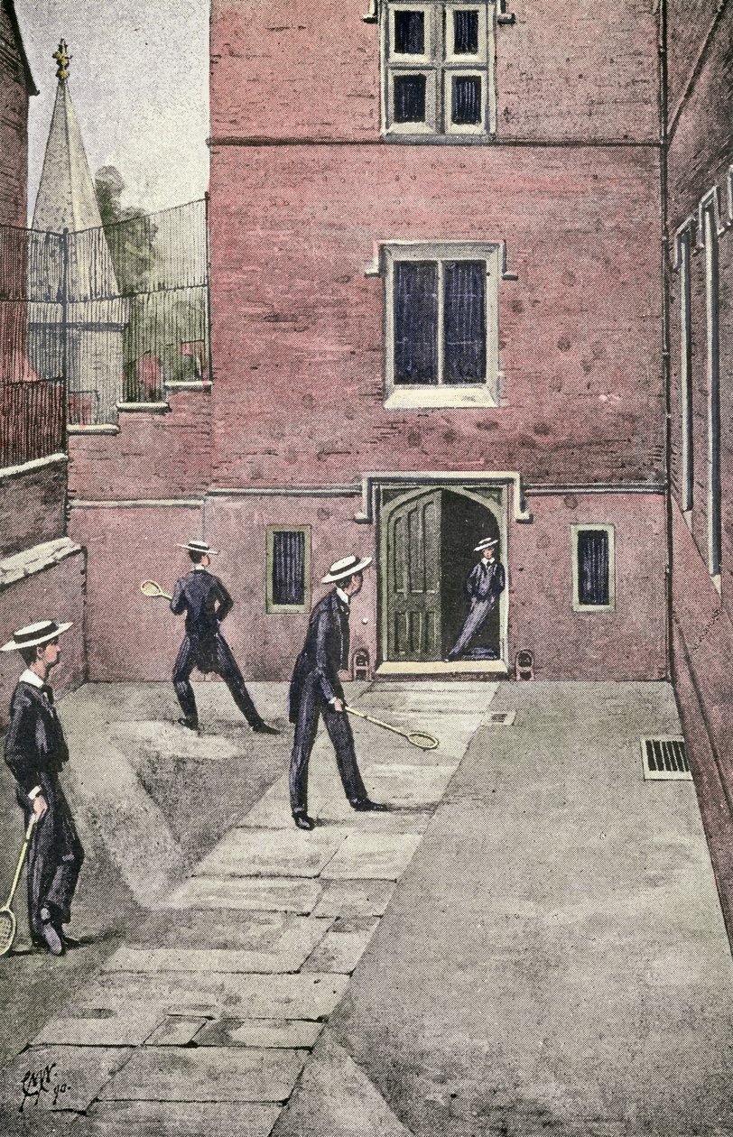 Raquettes de squash à Harrow, illustration de Lawn Tennis Rackets and Fives, pub. 1890 - English School