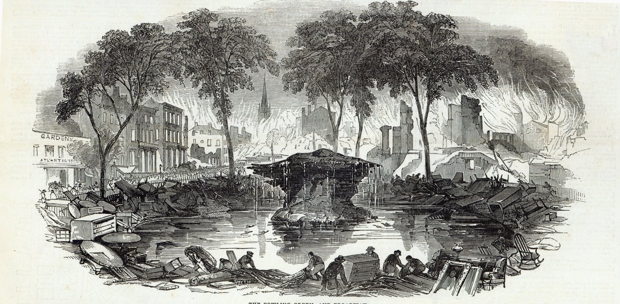 Le Bowling-green et Broadway, New York, de The Illustrated London News, 23 août 1845 - English School