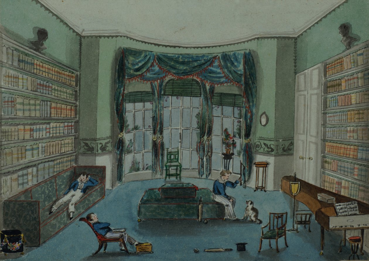 La bibliothèque, c.1820, Battersea Rise - English School
