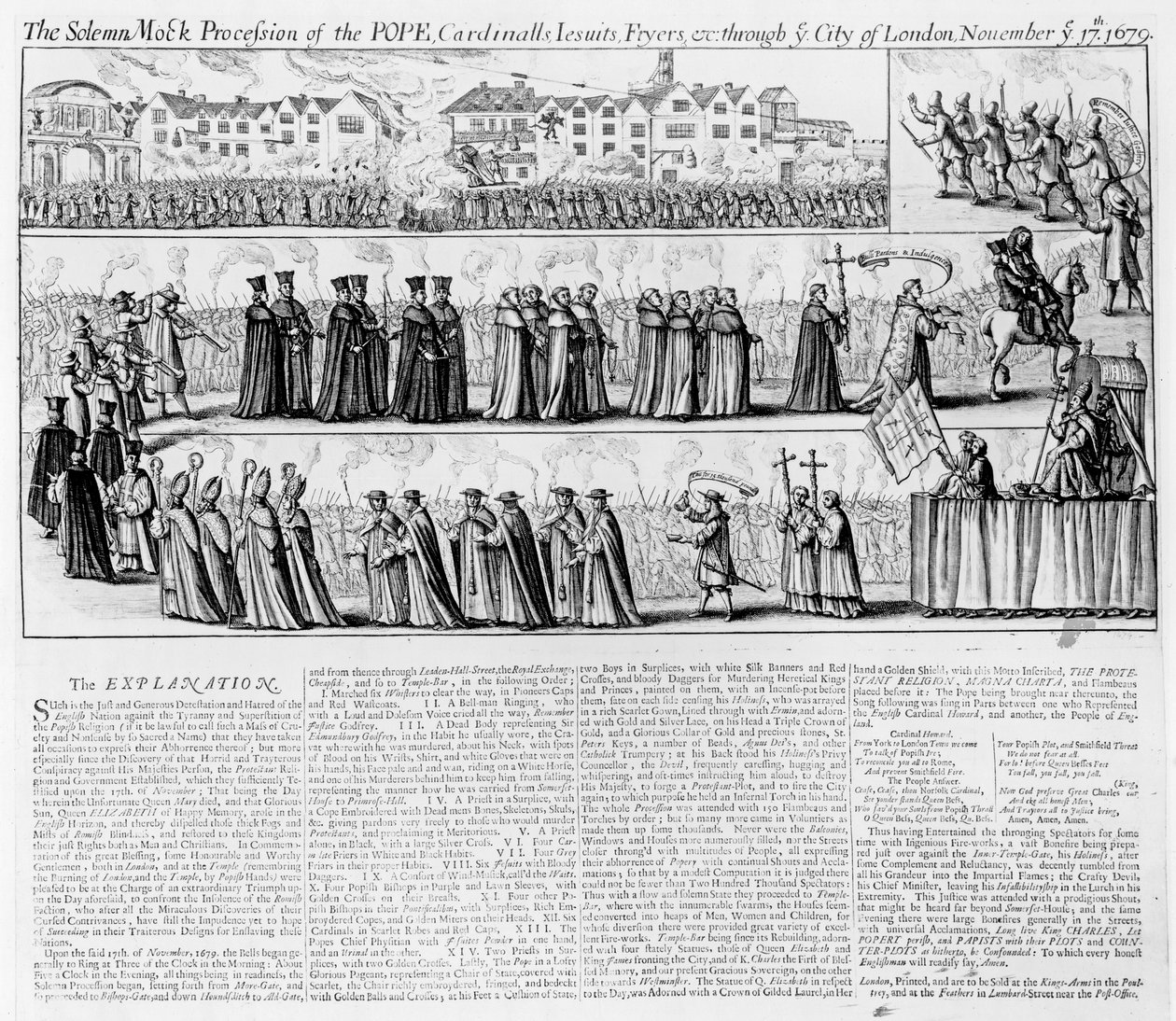 La procession solennelle moqueuse du Pape, des cardinaux, des jésuites et des frères à travers la ville de Londres le 