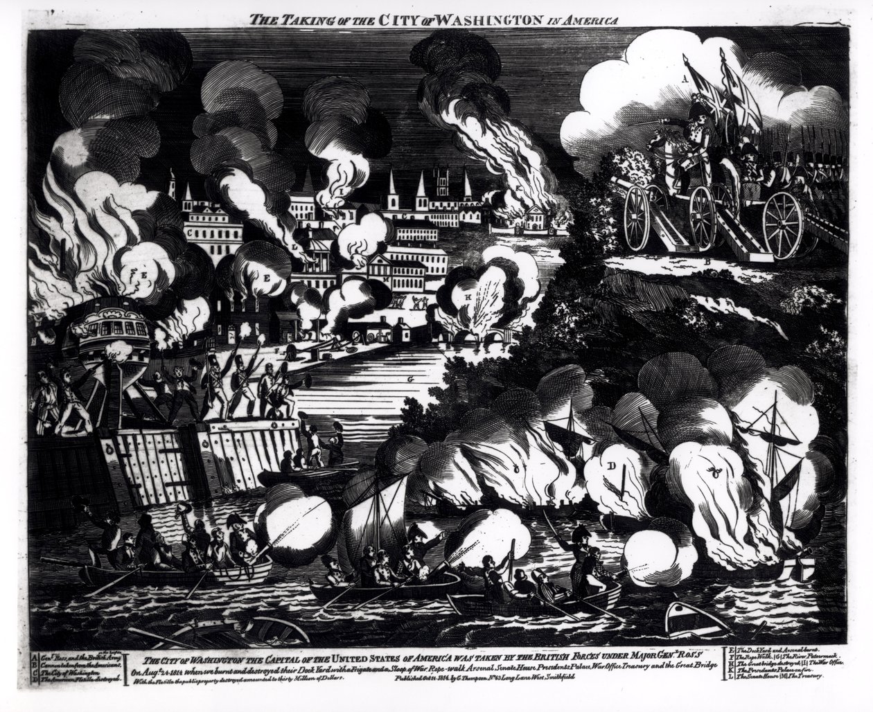 La Prise de la ville de Washington en Amérique, 24 août 1814, pub. par G. Thompson, 1814 - English School