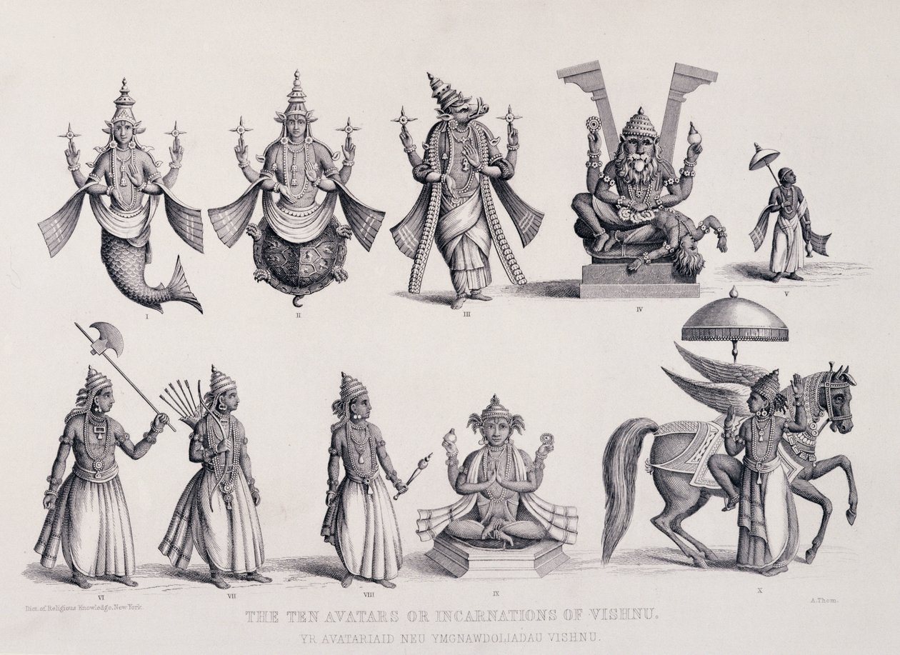 Les dix avatars ou incarnations de Vishnu, gravé par A. Thorn, de 
