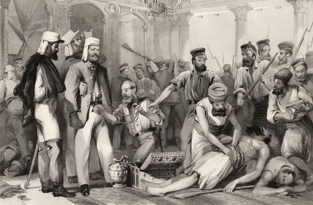 Le correspondant du Times regardant le sac de Kaiser Bach après la capture de Lucknow le 15 mars 1858 - English School