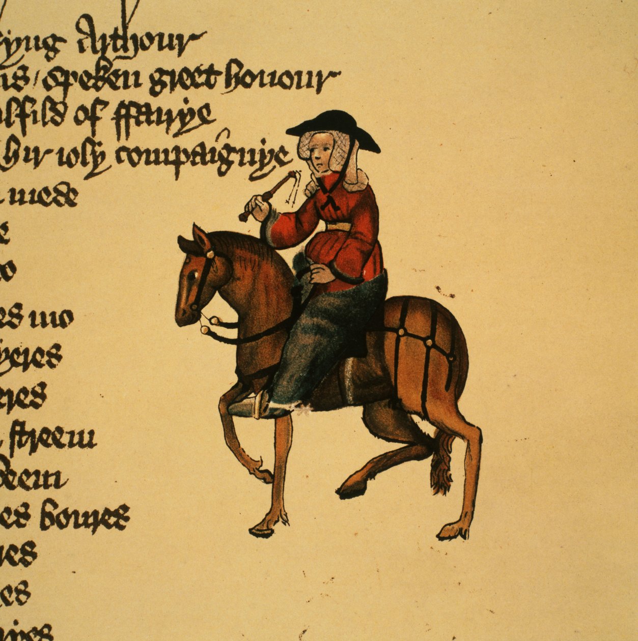 La Femme de Bath (détail) des Contes de Canterbury, par Geoffrey Chaucer, manuscrit Ellesmere, édition fac-similé, 1911 - English School
