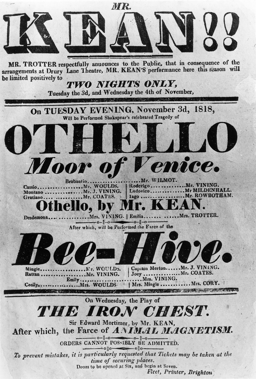 Affiche de théâtre annonçant les performances de M. Kean, 1818 - English School