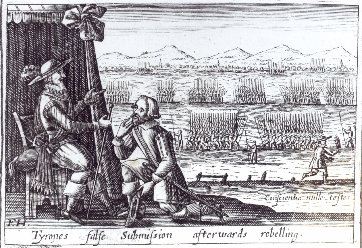 La fausse soumission de Tyrone au Lord Deputy, Lord Mountjoy, à Mellifont, 30 mars 1603 - English School