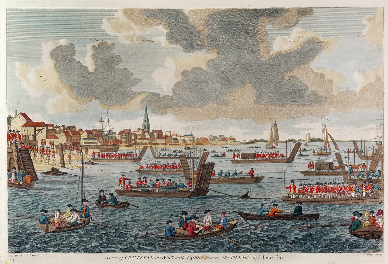 Vue de Gravesend avec des troupes traversant la Tamise vers le fort de Tilbury - English School