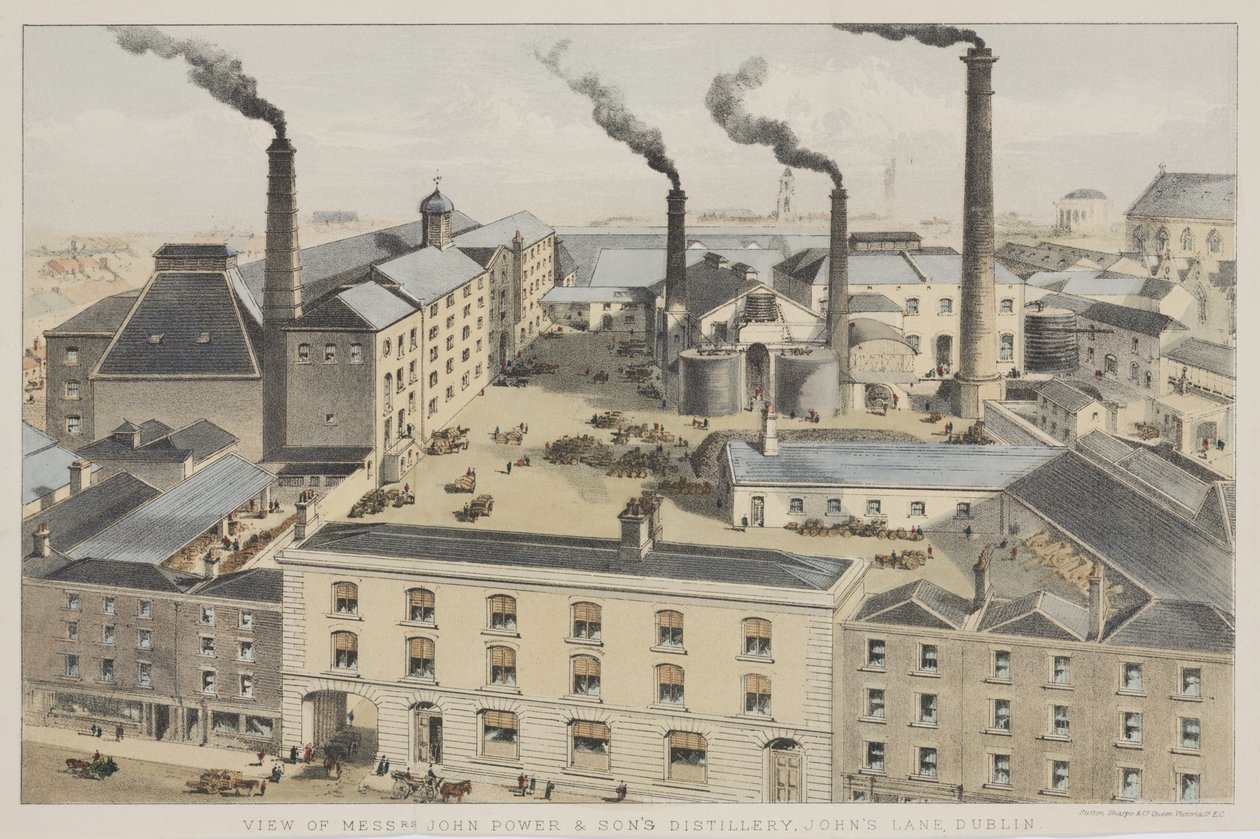 Vue de la distillerie Messrs. John Power & Sons, Johns Lane, Dublin, vers 1845 - English School
