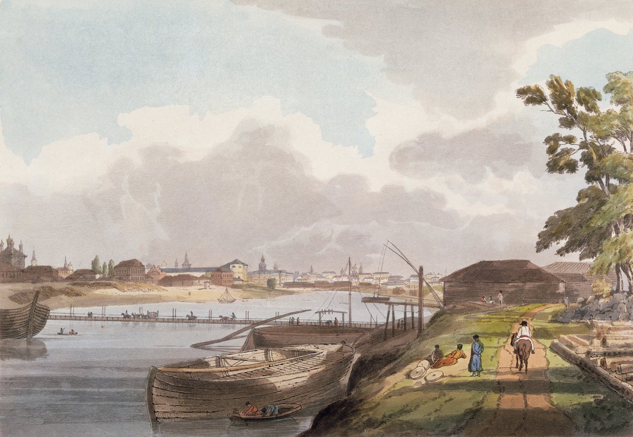 Vue de la ville de Moscou depuis les rives de la Mosqua et près du couvent de Spas na Novoi, planche 2 de Esquisse historique de Moscou, pub. par Rudolph Ackermann, 1813 - English School