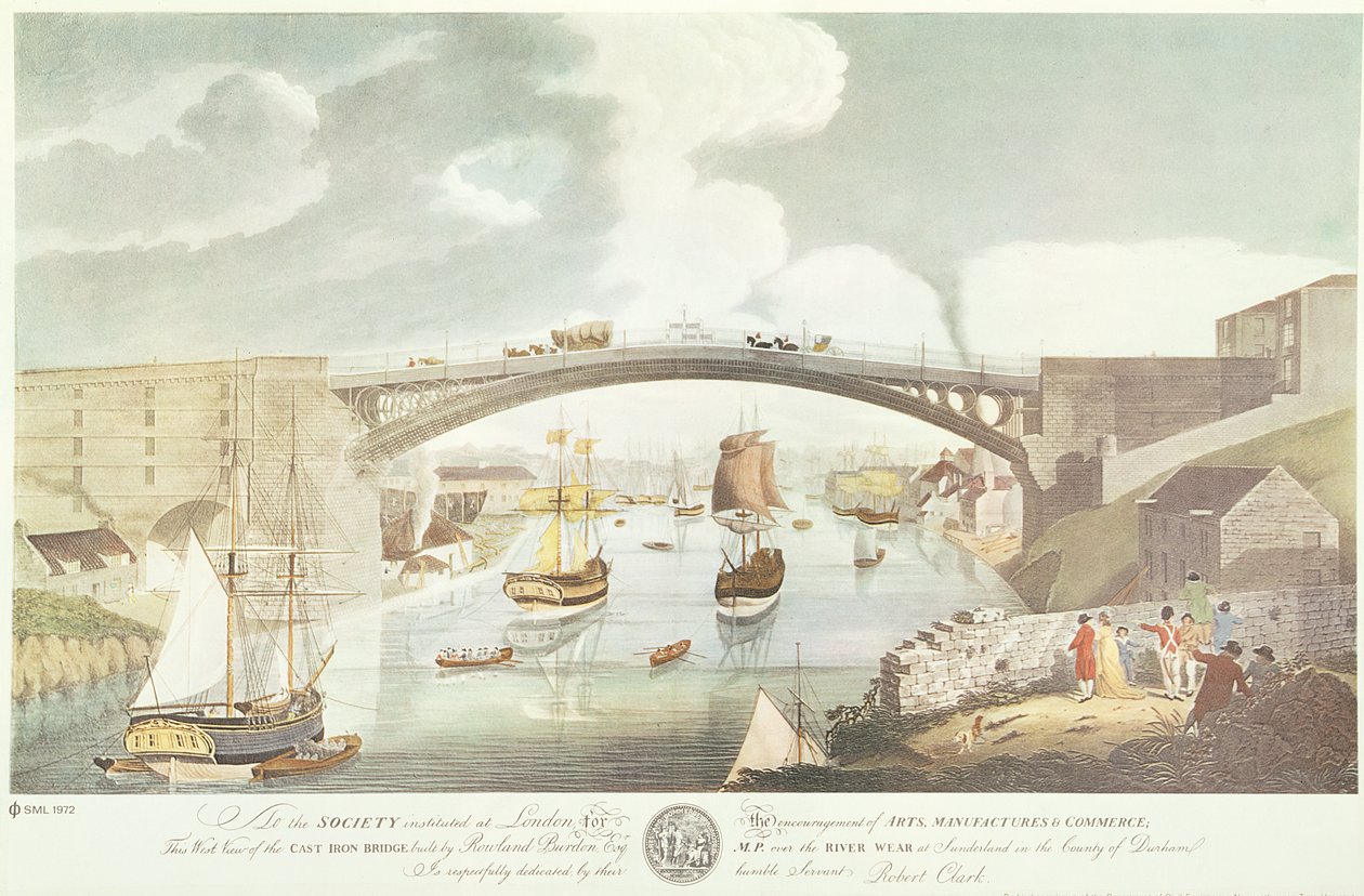 Vue ouest du pont en fonte construit par Rowland Burdon Esq., MP, sur la rivière Wear à Sunderland, c.1796 (gravure en couleur) - English School
