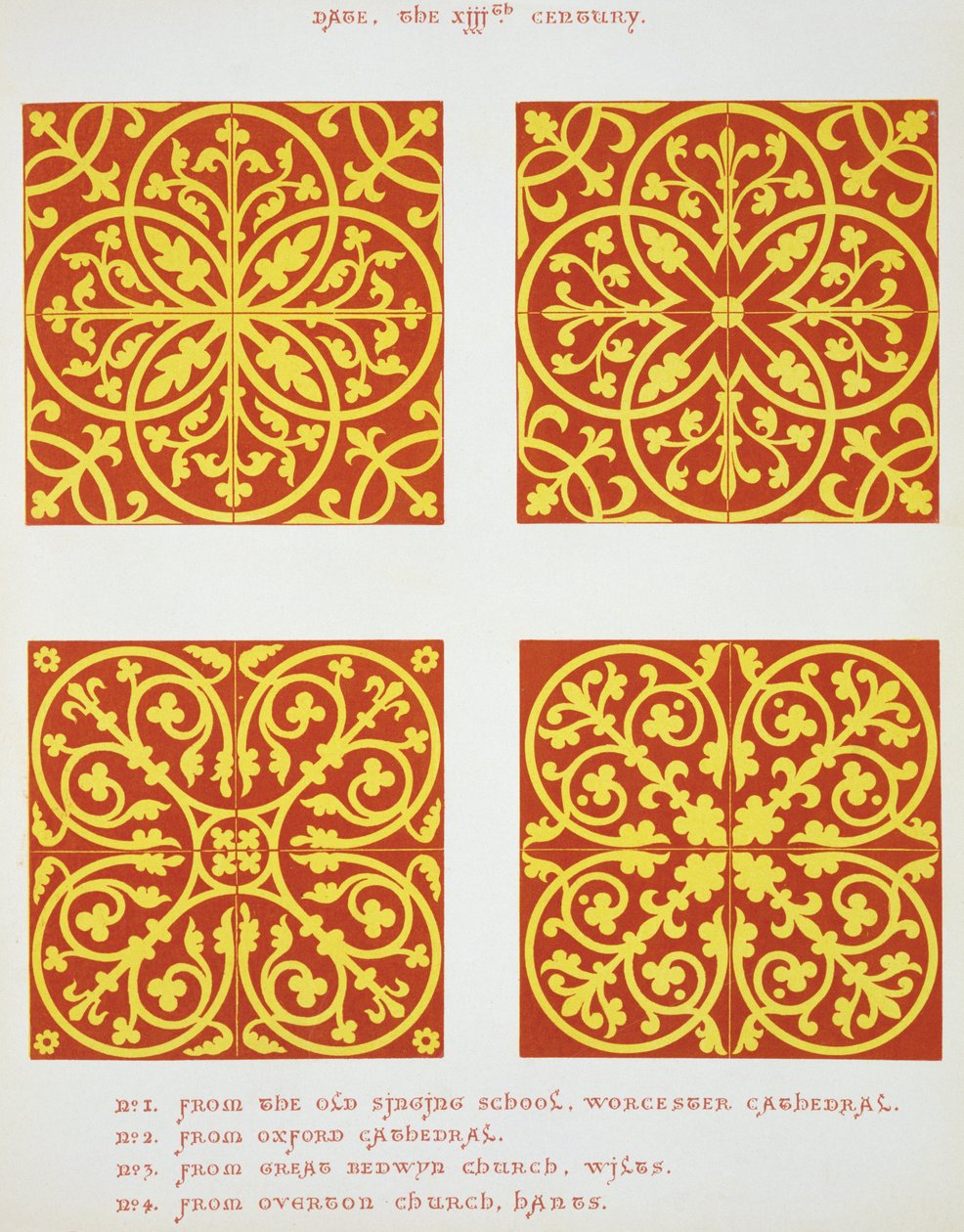 Designs de carreaux du XIIIe siècle, illustration de Spécimens de pavements de carreaux, dessinés d