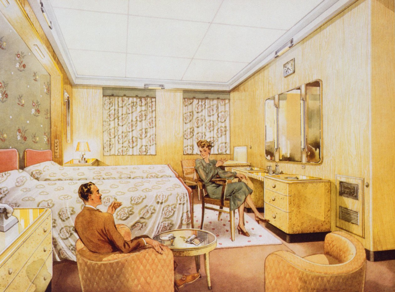 Une chambre à bord du RMS Caronia, vers 1950 - English School