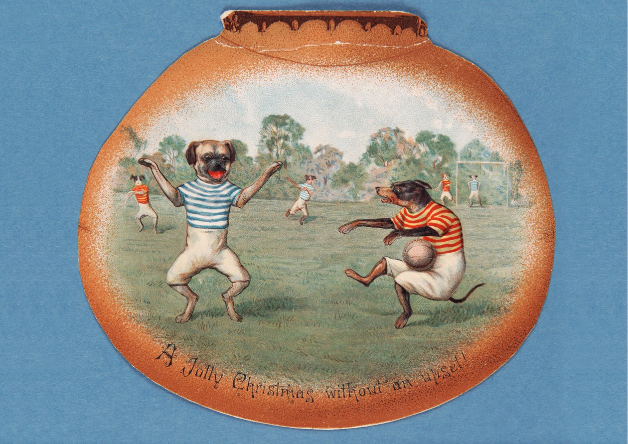 Un joyeux Noël sans incident!, carte de Noël représentant un match de football entre chiens, vers 1890 - English School