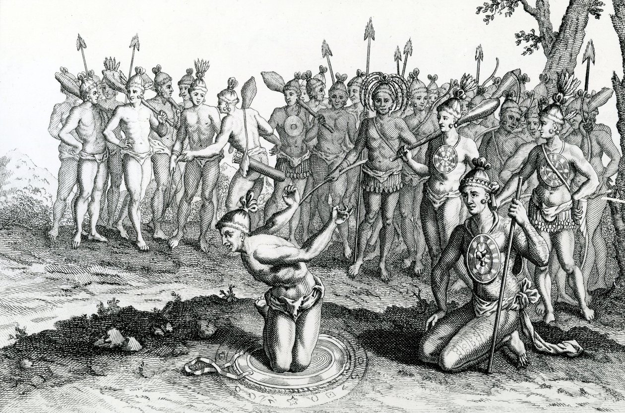 Un roi de Floride consultant son magicien avant de partir au combat, illustration tirée des Voyages et Voyages de Moore - English School