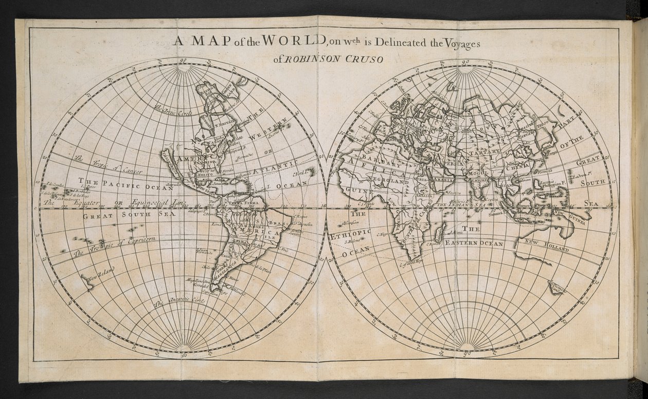 Carte du monde, sur laquelle sont délimités les voyages de Robinson Crusoé - English School