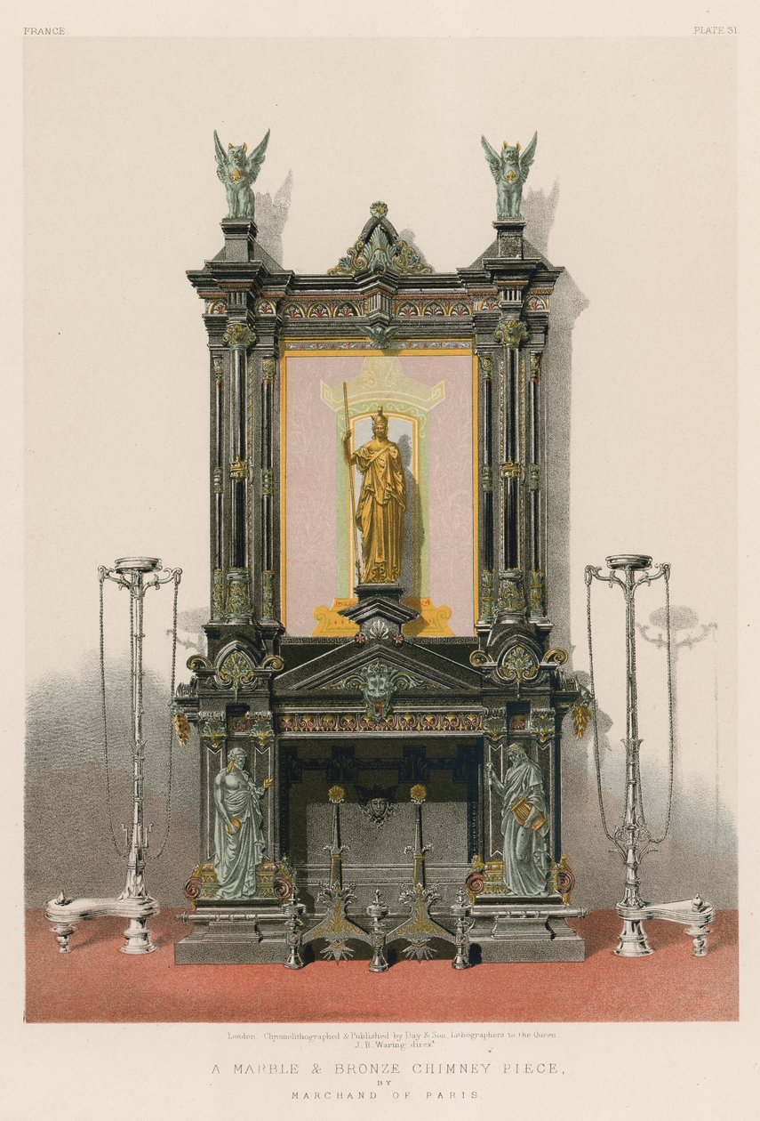 Cheminée en marbre et bronze de Marchand de Paris (chromolitho) - English School