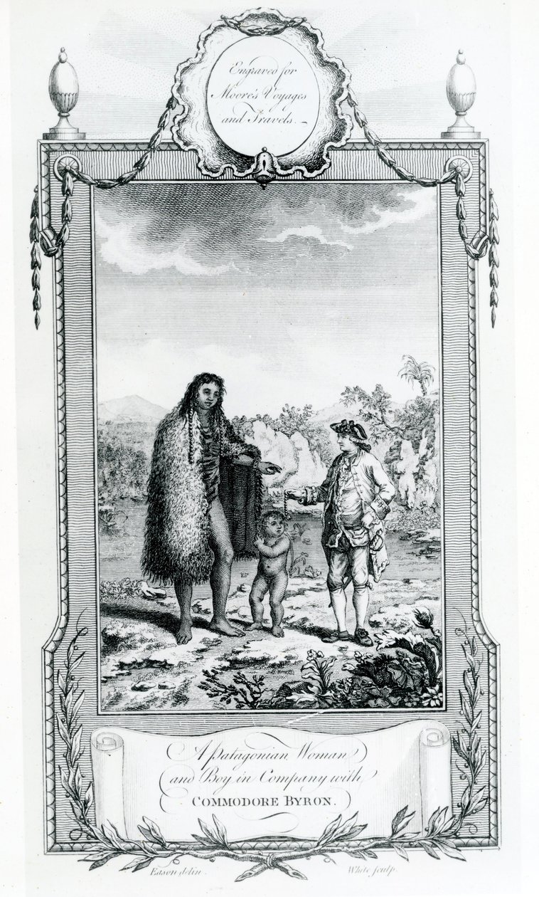 Une femme et un garçon patagons en compagnie du commodore Byron, illustration tirée des Voyages et Voyages de Moore - English School