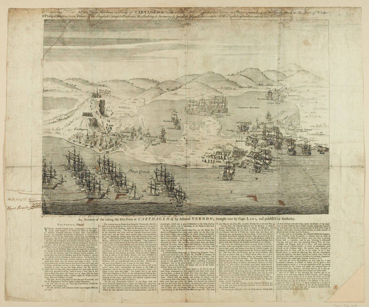 Dessin en perspective de la ville, du port et des forts de Carthagène en 1739, publié en 1741 - English School