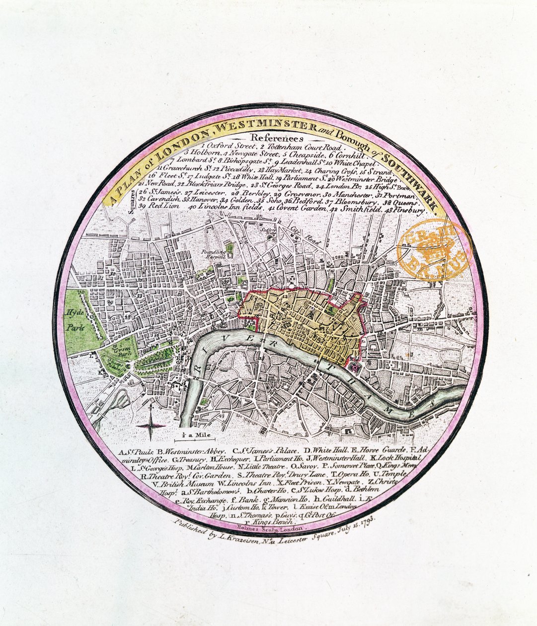 Plan de Londres, Westminster et Borough de Southwark, 1793 (gravure en couleur) - English School