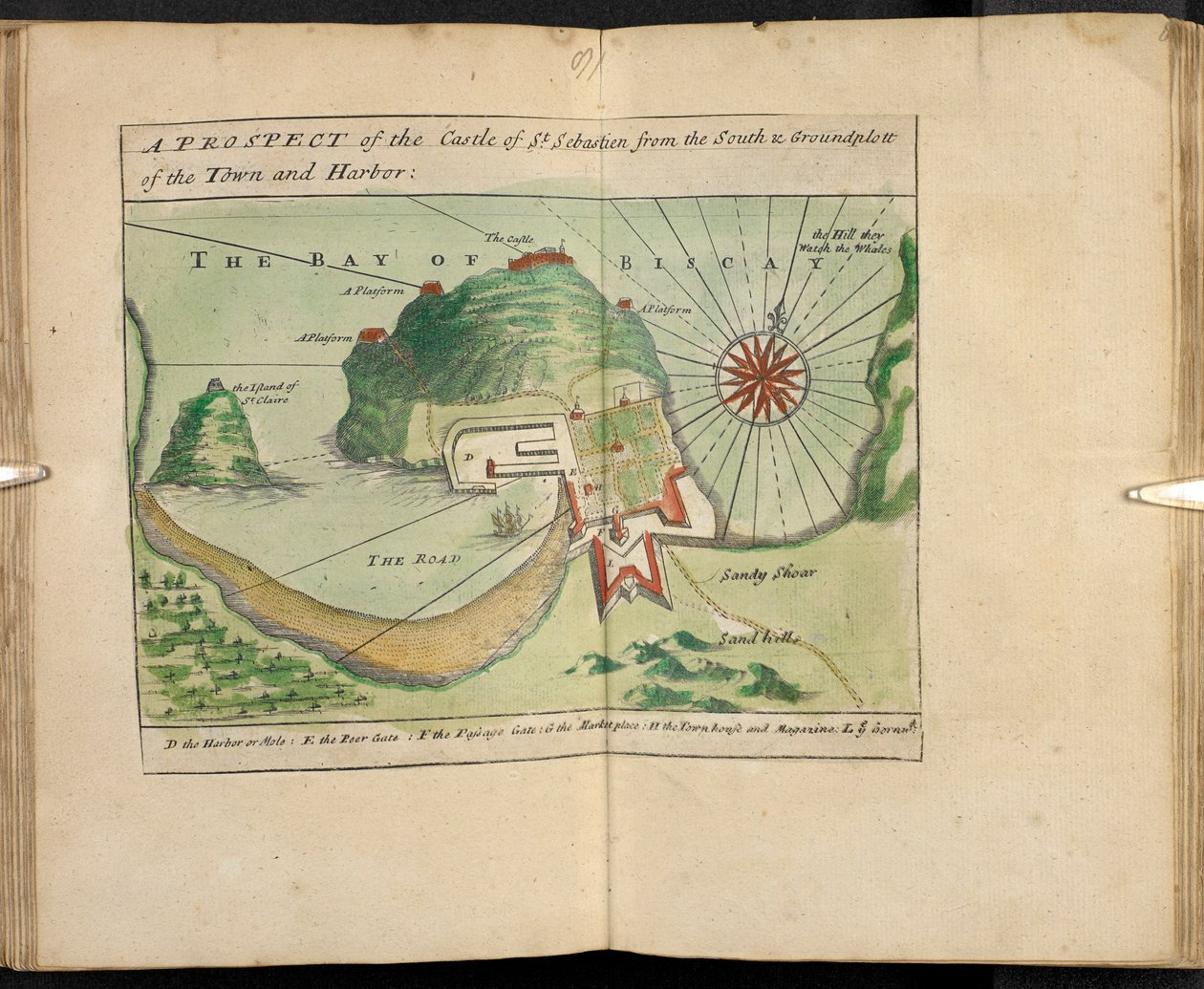 Vue du château de Saint-Sébastien depuis le sud et plan de la ville et du port - English School