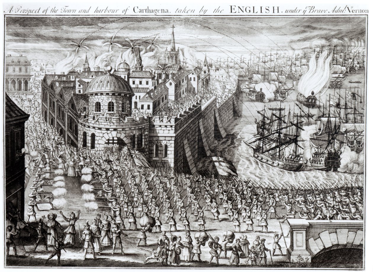 Vue de la ville et du port de Carthagène, prise par les Anglais sous le brave amiral Vernon, 1741 - English School