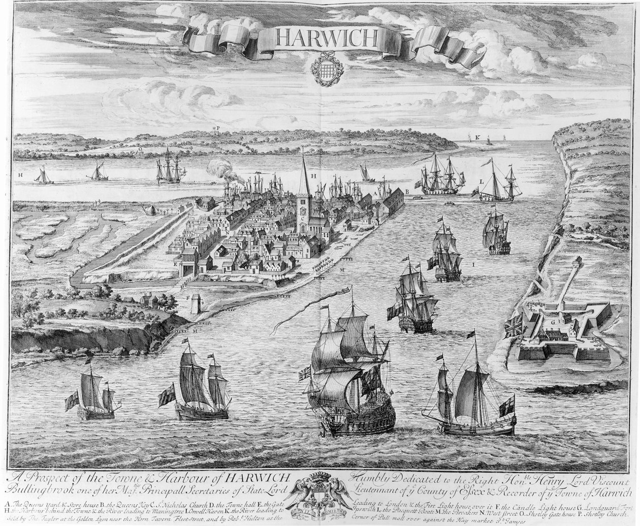Une perspective de la ville et du port de Harwich - English School