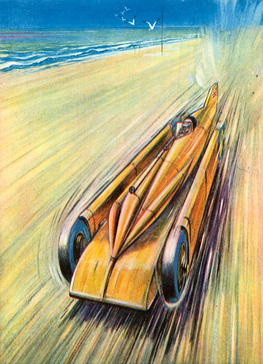 Une voiture de course "All Out" (lithographie couleur) - English School