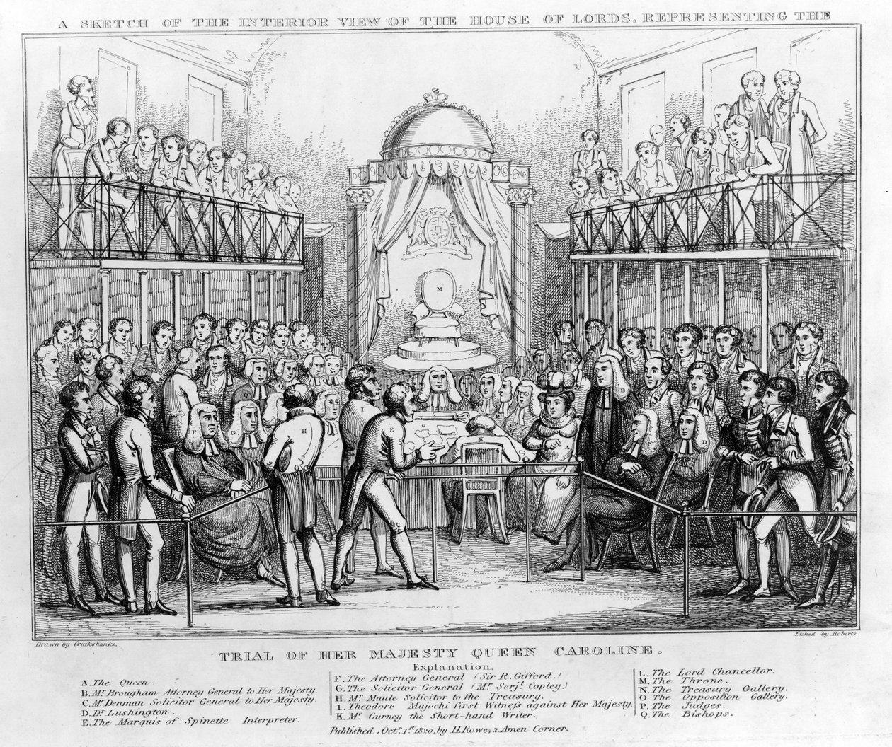 Croquis de la vue intérieure de la Chambre des Lords, représentant le procès de Sa Majesté la reine Caroline, pub. 1820 - English School