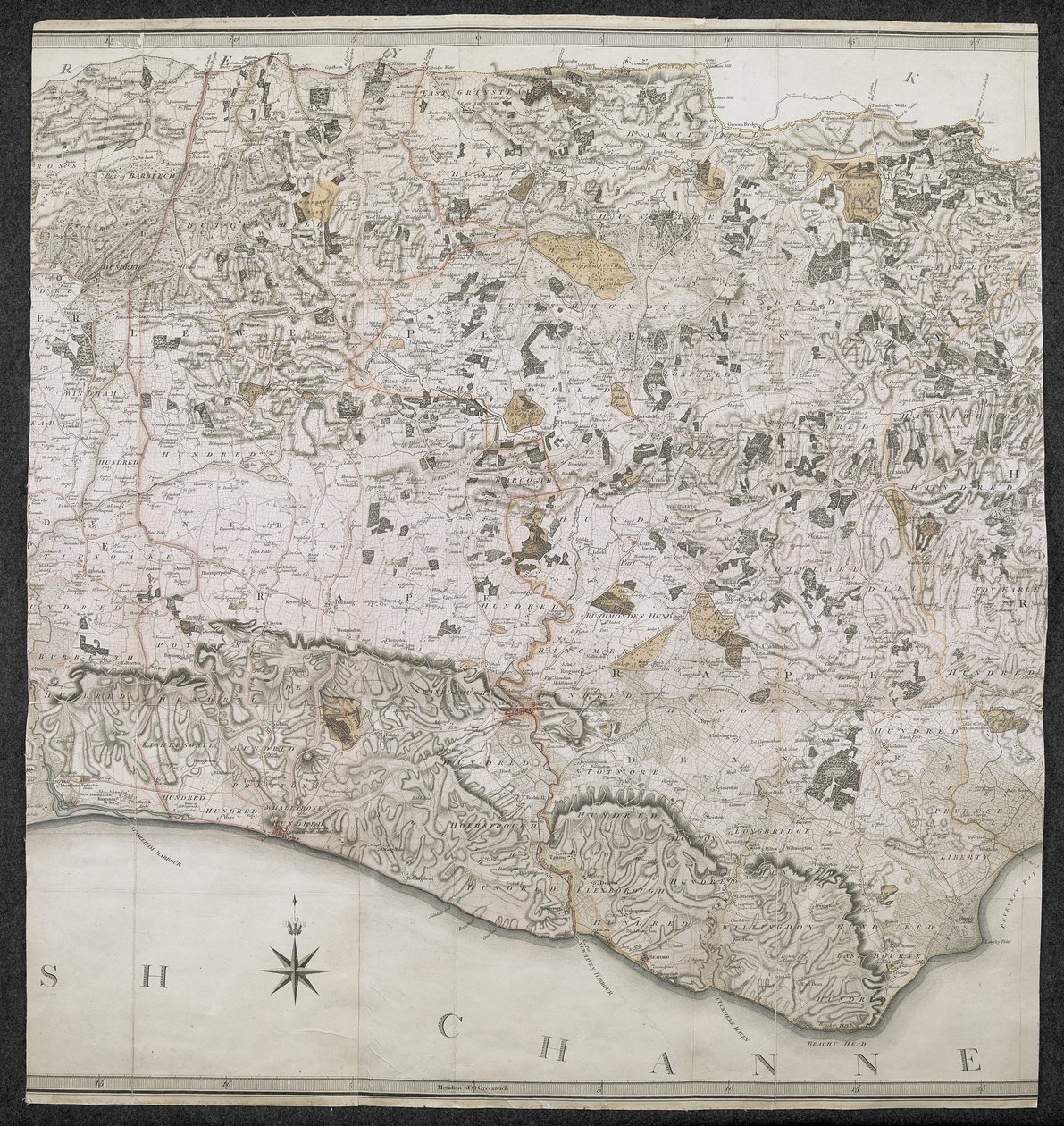 Carte topographique du comté de Sussex, divisée en Rapes, Deanries et Hundreds. Planifiée à partir d