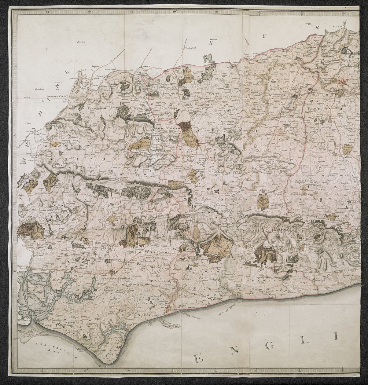 Carte topographique du comté de Sussex, divisée en Rapes, Deanries et Hundreds - English School